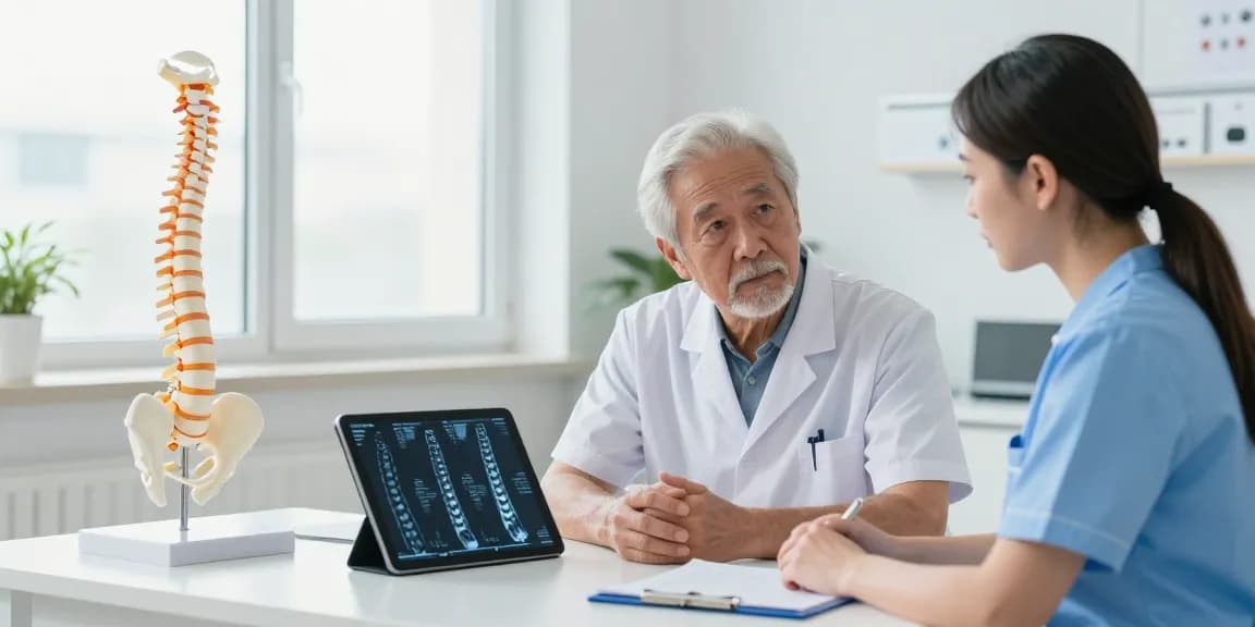 Patient consulting about dar kanal ameliyatı in a modern hospital with an orthopedic surgeon.