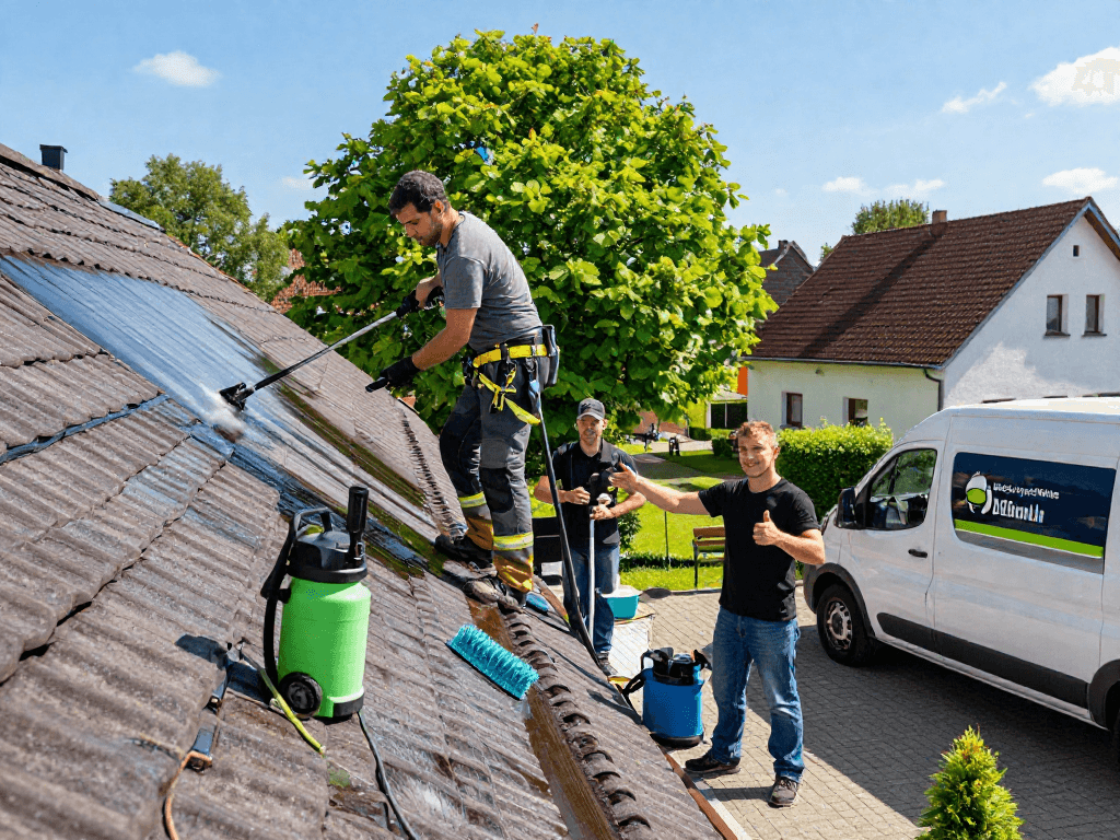 Dachreinigung Dortmund: Professionelles Team reinigt ein Dach in Dortmund mit umweltfreundlichen Produkten.