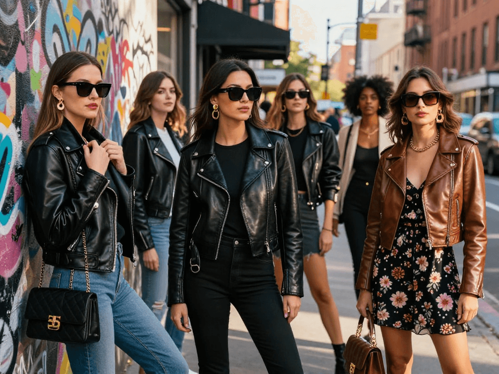 Stylish women in leather jackets for women posing confidently in urban fashion scene.