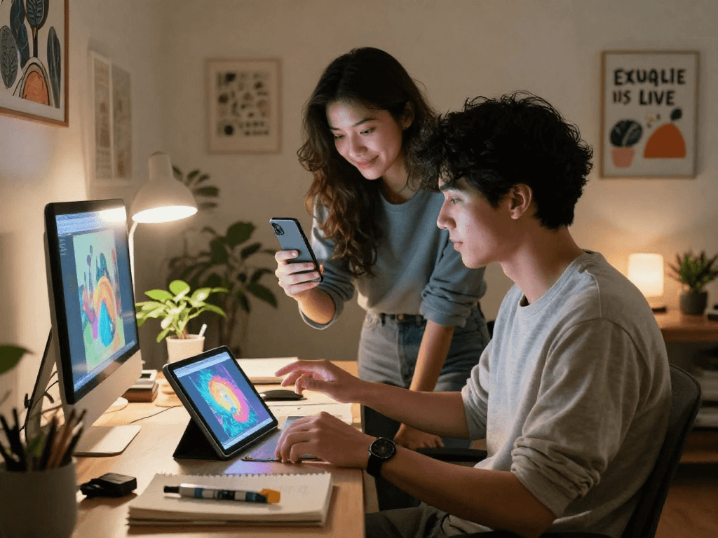 A couple explores AI porn creativity in a cozy home office with vibrant visuals.