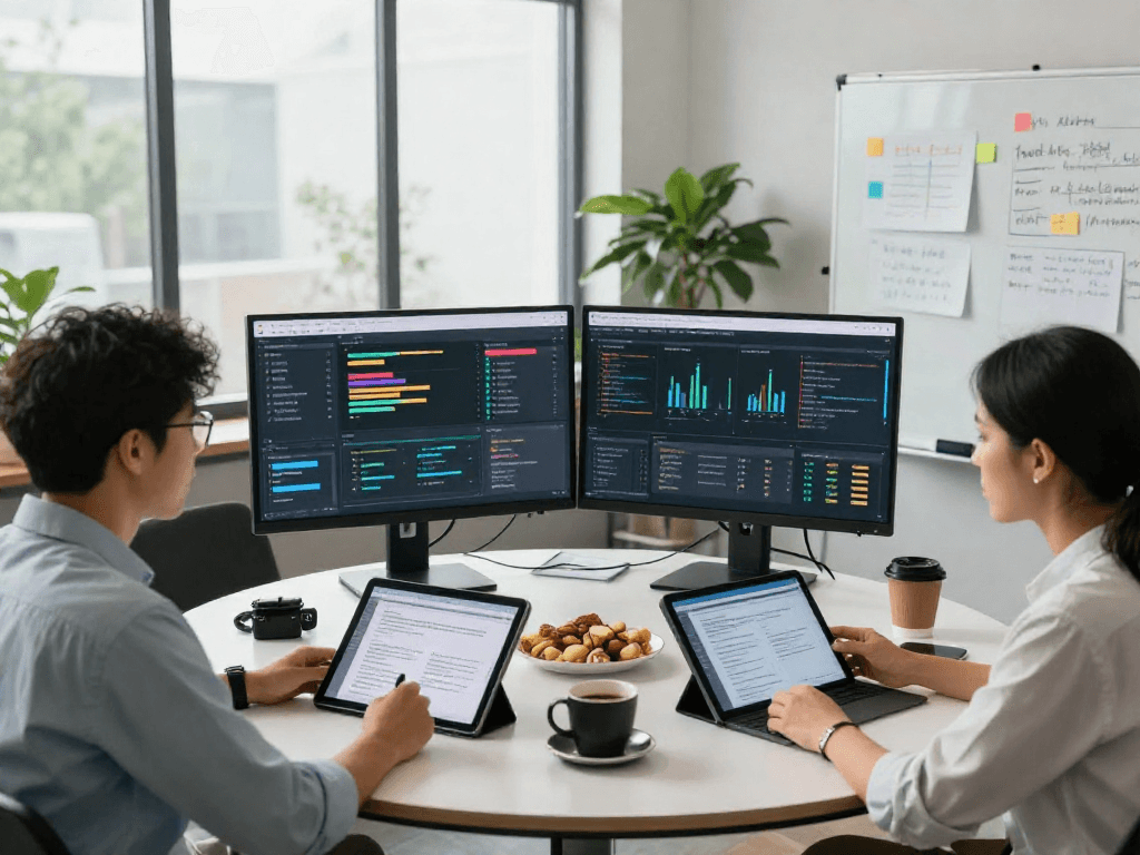 AI detector team analyzing content moderation data in a vibrant tech workspace.
