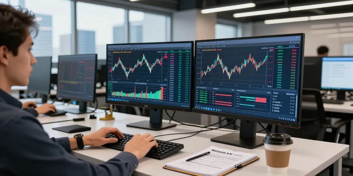 XAUUSD黄金行情接口实时分析,开发者在现代金融科技环境中工作,显示实时汇率和技术指标。